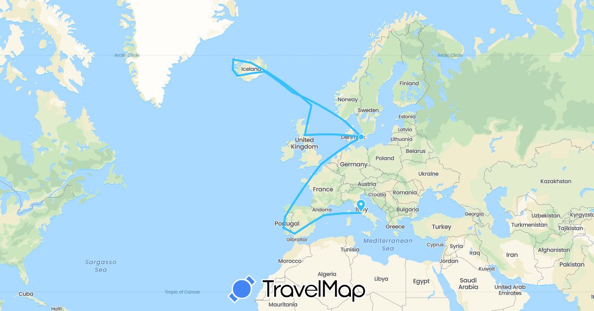 TravelMap itinerary: driving, boat in Denmark, Spain, Faroe Islands, United Kingdom, Iceland, Italy, Norway, Portugal (Europe)